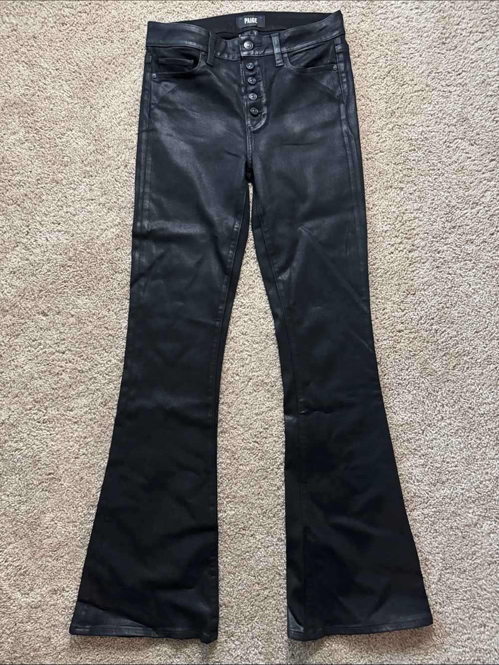 PAIGE Black Faux Leather Button-Front Flare Pants